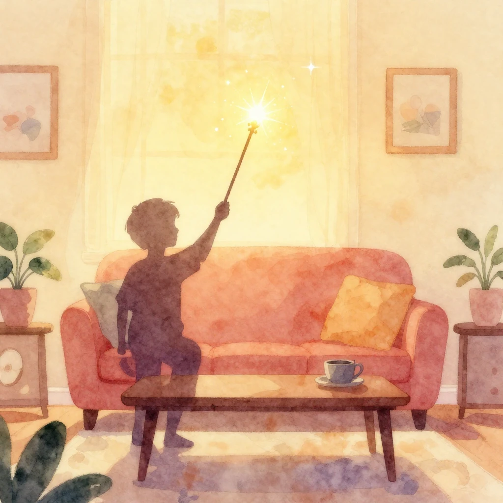 A cozy living room silhouette with a magical glowing wand ca...
