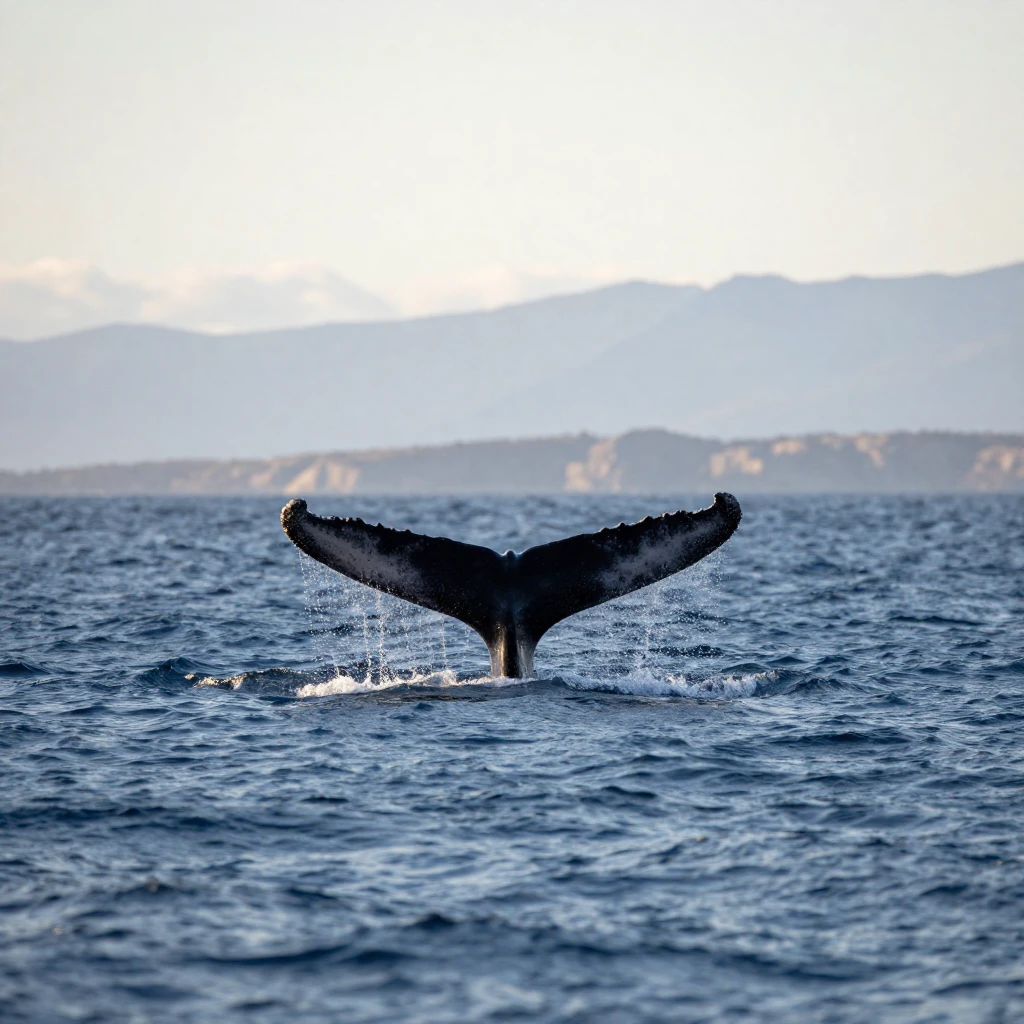 A serene ocean scene with a whale's tail visible above the w...