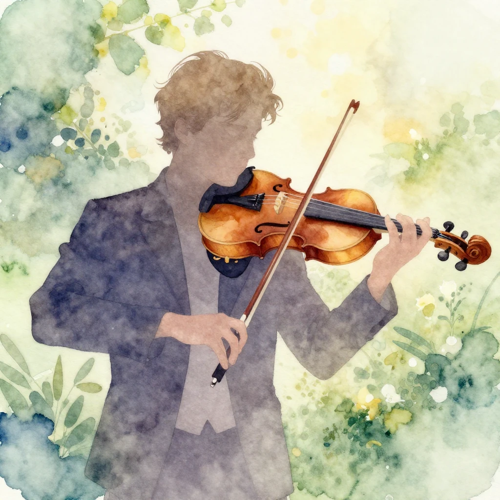 Watercolor painting of a silhouette of a young man playing a...