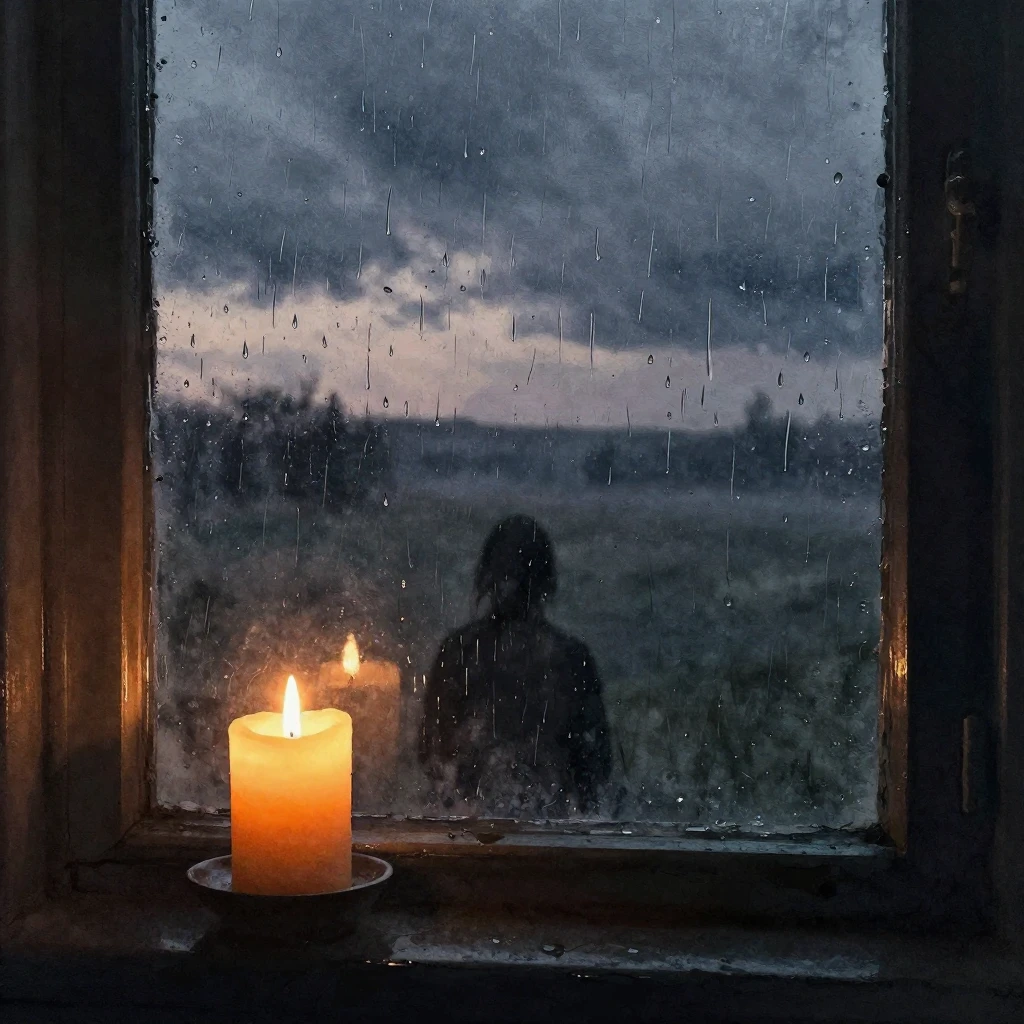 A lone, flickering candle in a dark, stormy window, with rai...