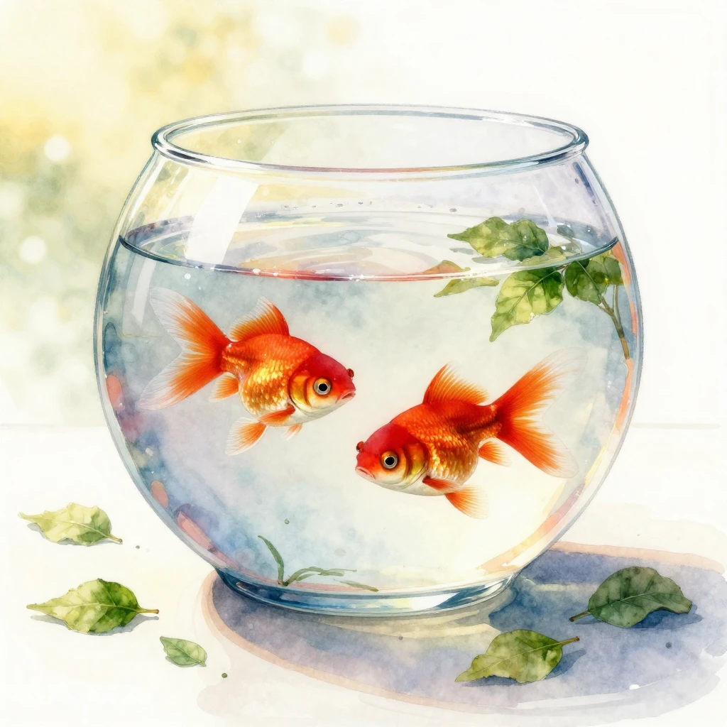 A watercolor painting featuring a small red goldfish swimmin...