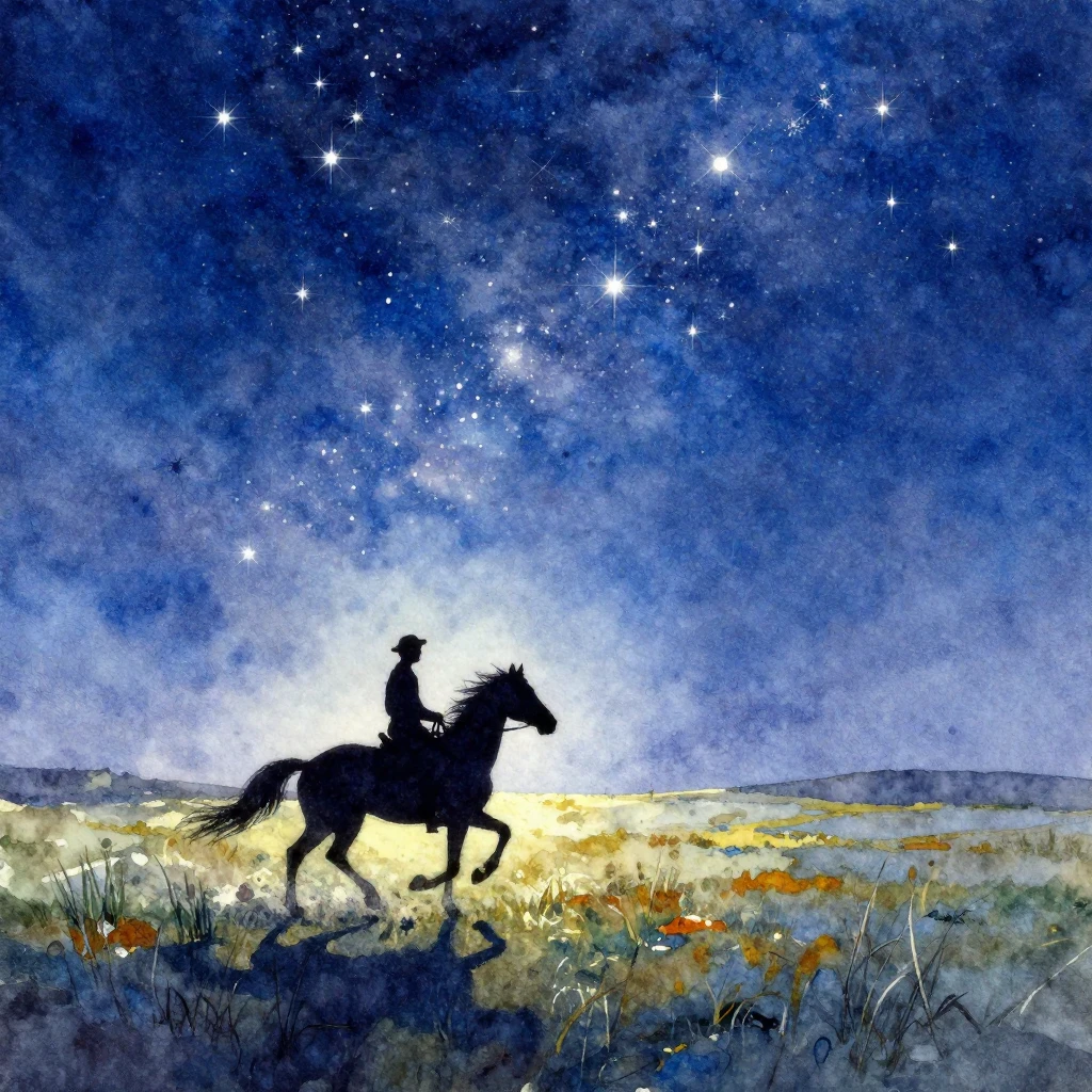 Vibrant watercolor painting of a lone silhouette on horsebac...