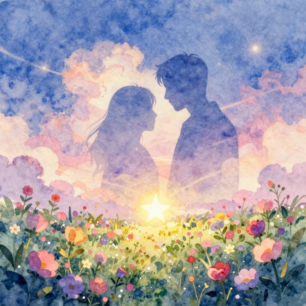 A serene, ethereal landscape in vibrant watercolor style. A ...
