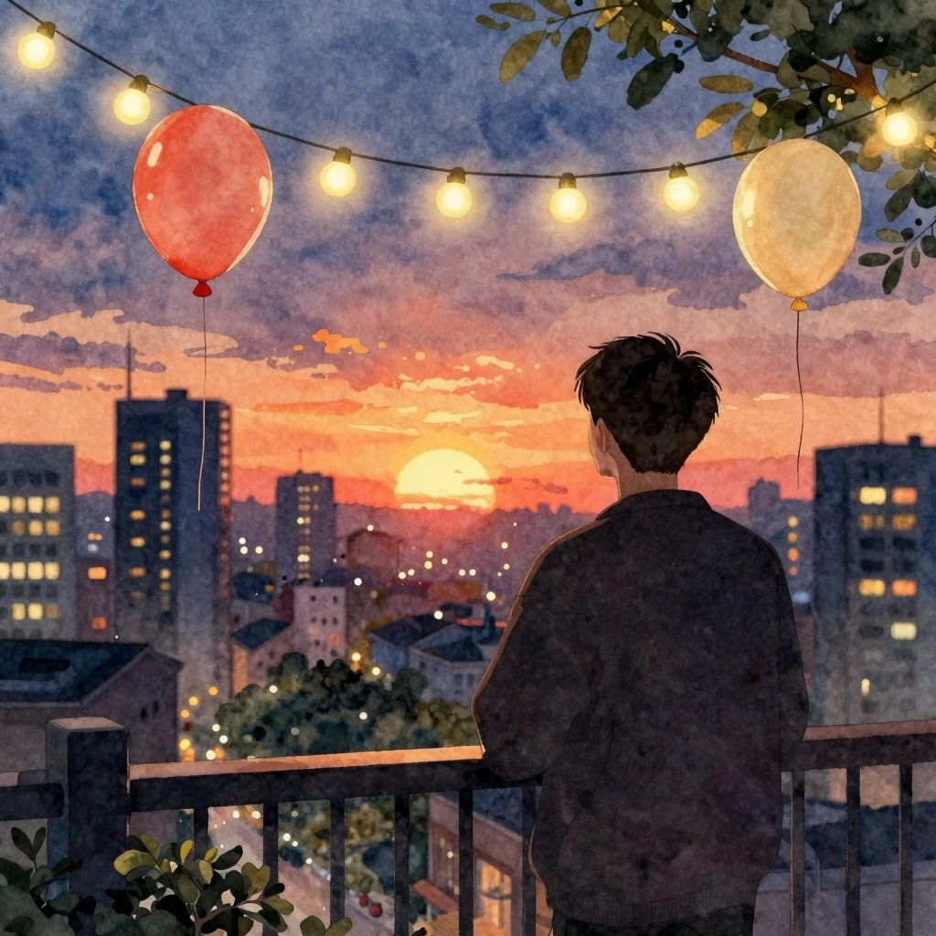 Watercolor style. A cozy evening scene with a silhouette of ...