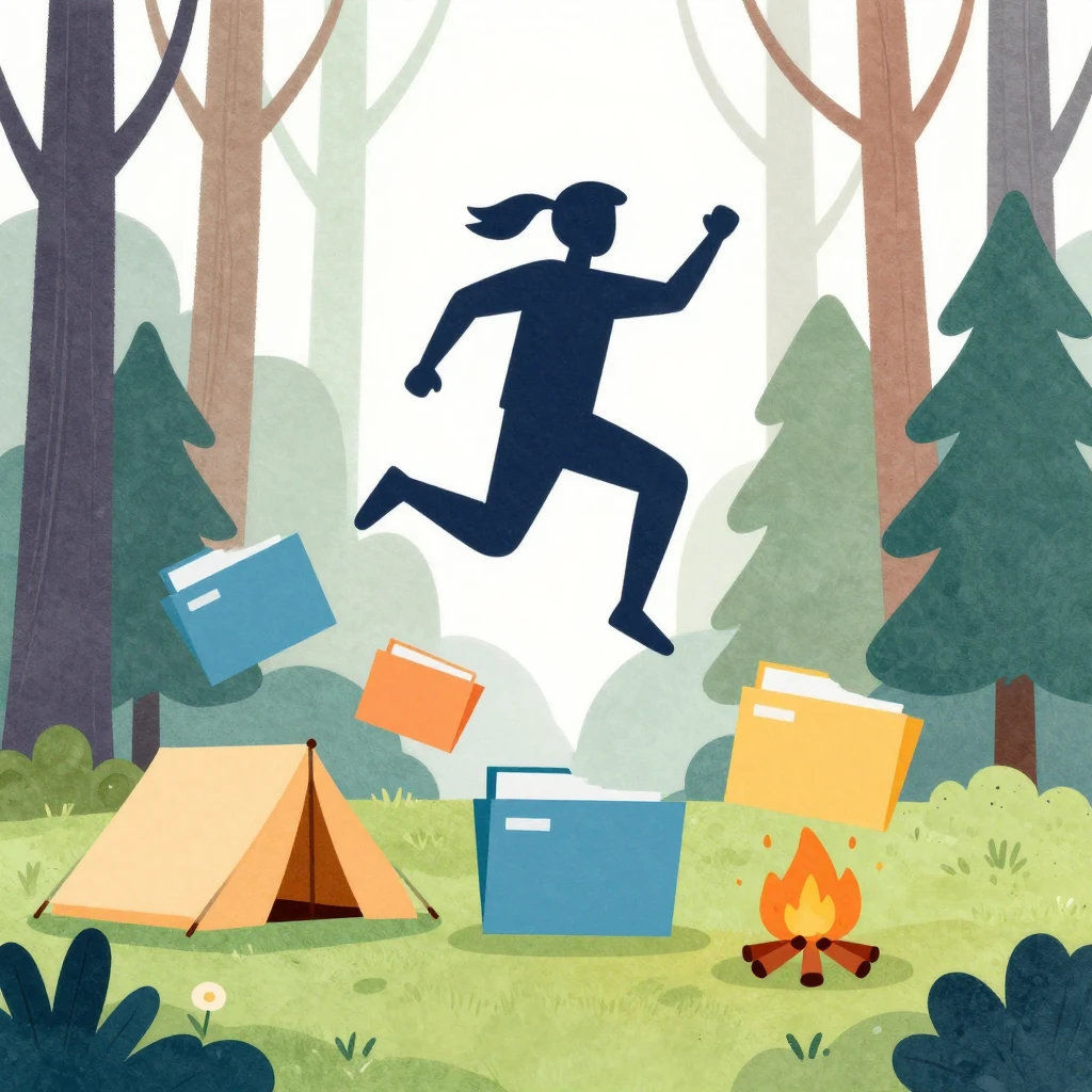 A stylized silhouette jumping over office folders into a for...