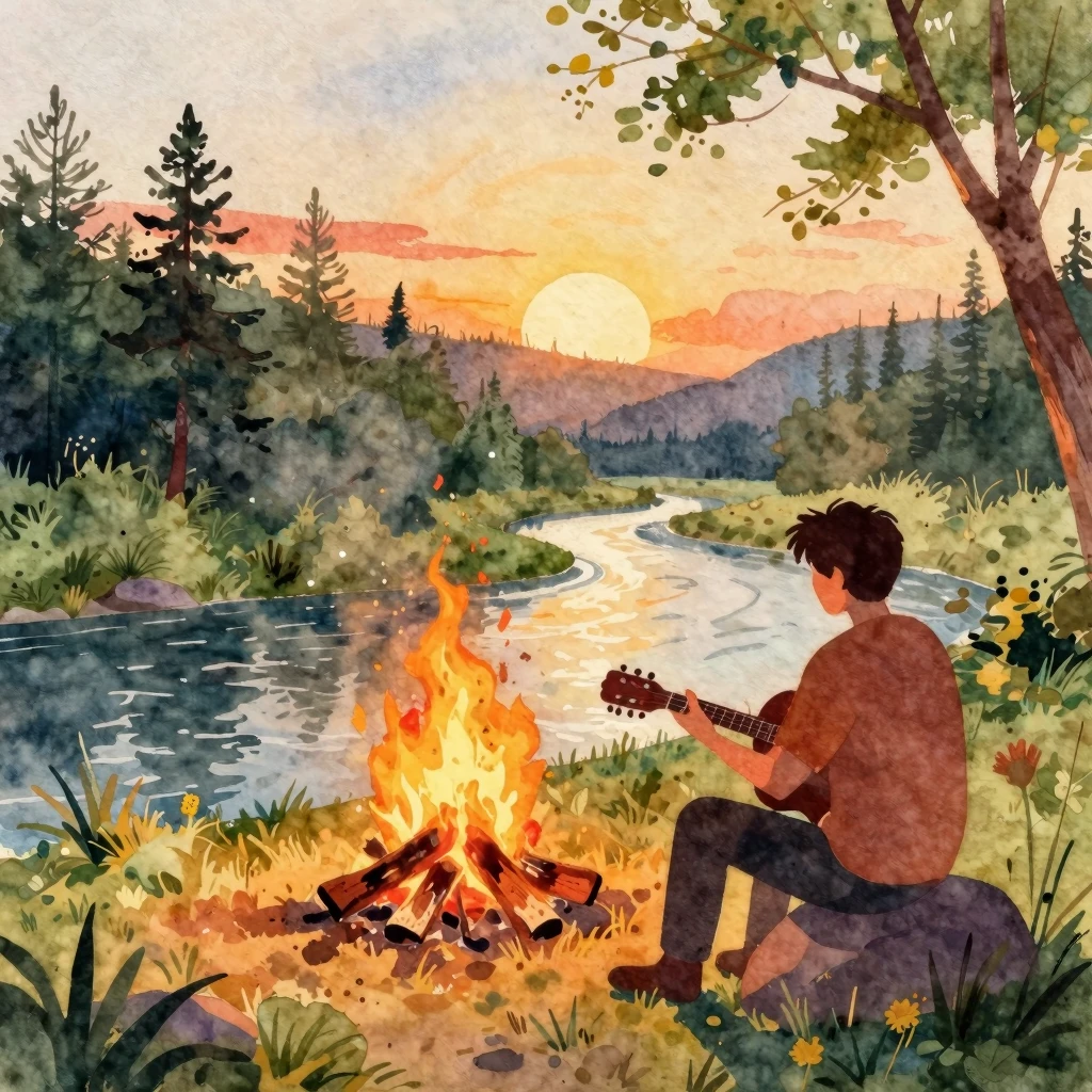 Vibrant watercolor painting of a warm and inviting nature sc...