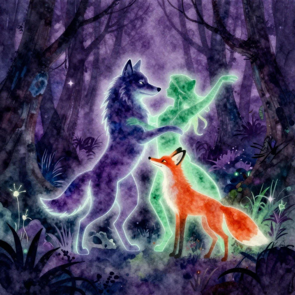A watercolor painting of a wolf and a fox, depicted as neon ...