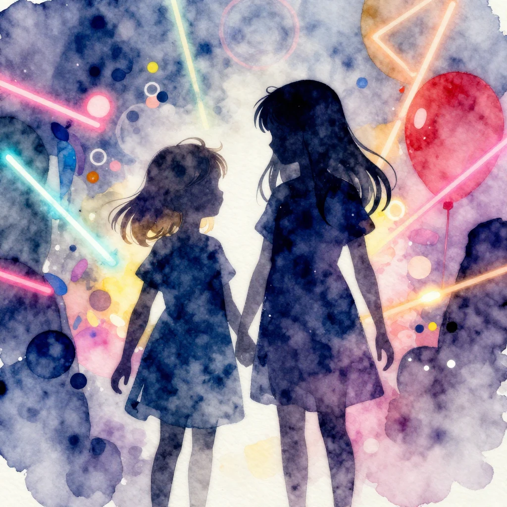 Watercolor style. Silhouettes of two young girls, one taller...