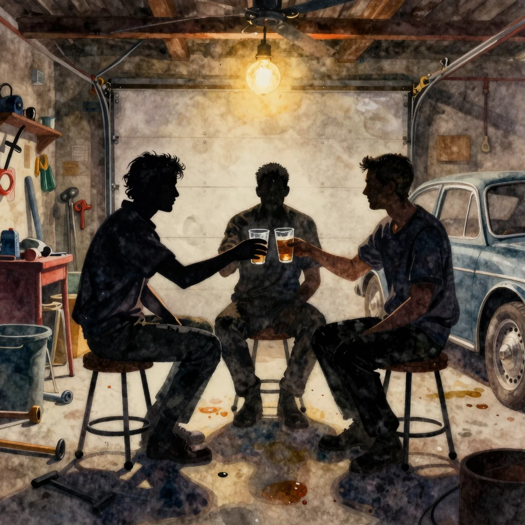 Watercolor painting of three male silhouettes sitting on sto...