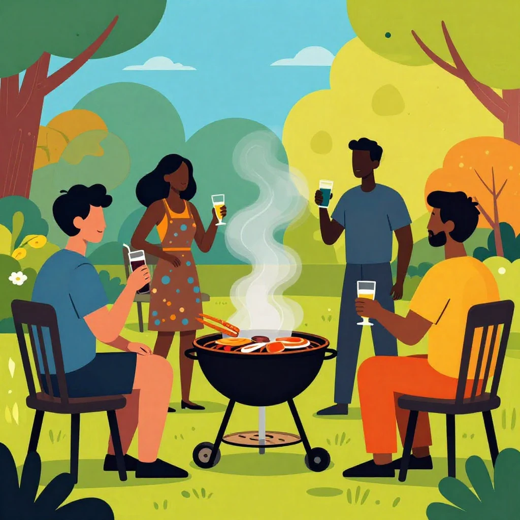 A lively backyard barbecue scene with people enjoying food a...