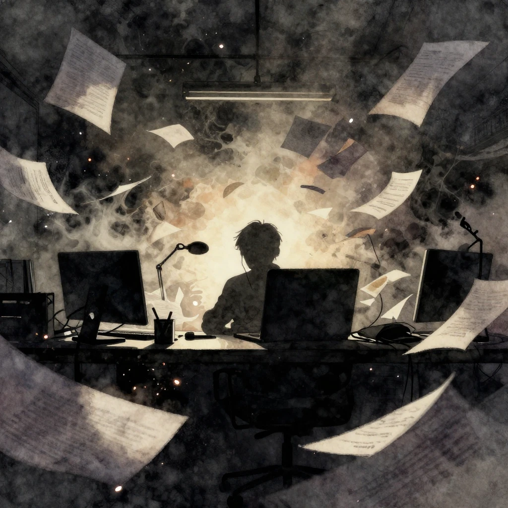 A dark, chaotic office scene silhouette with papers flying e...