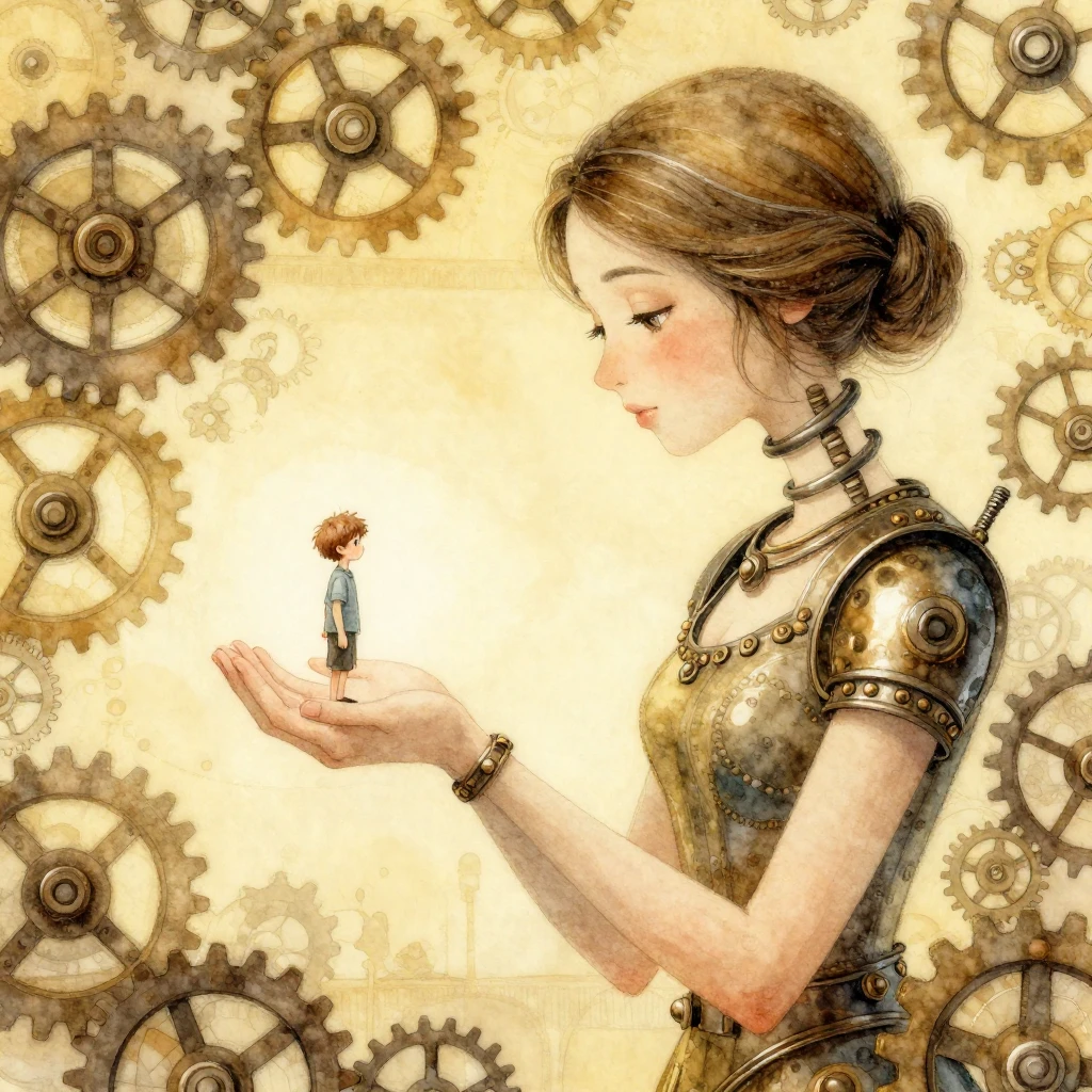 A massive, gentle metal spring woman, with a kind expression...