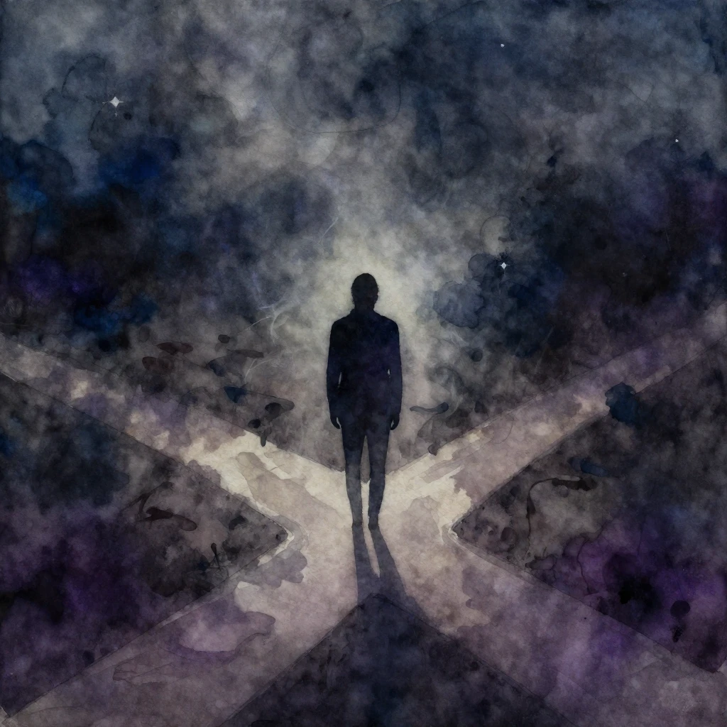 A dark and dramatic watercolor painting. A lone, abstract si...