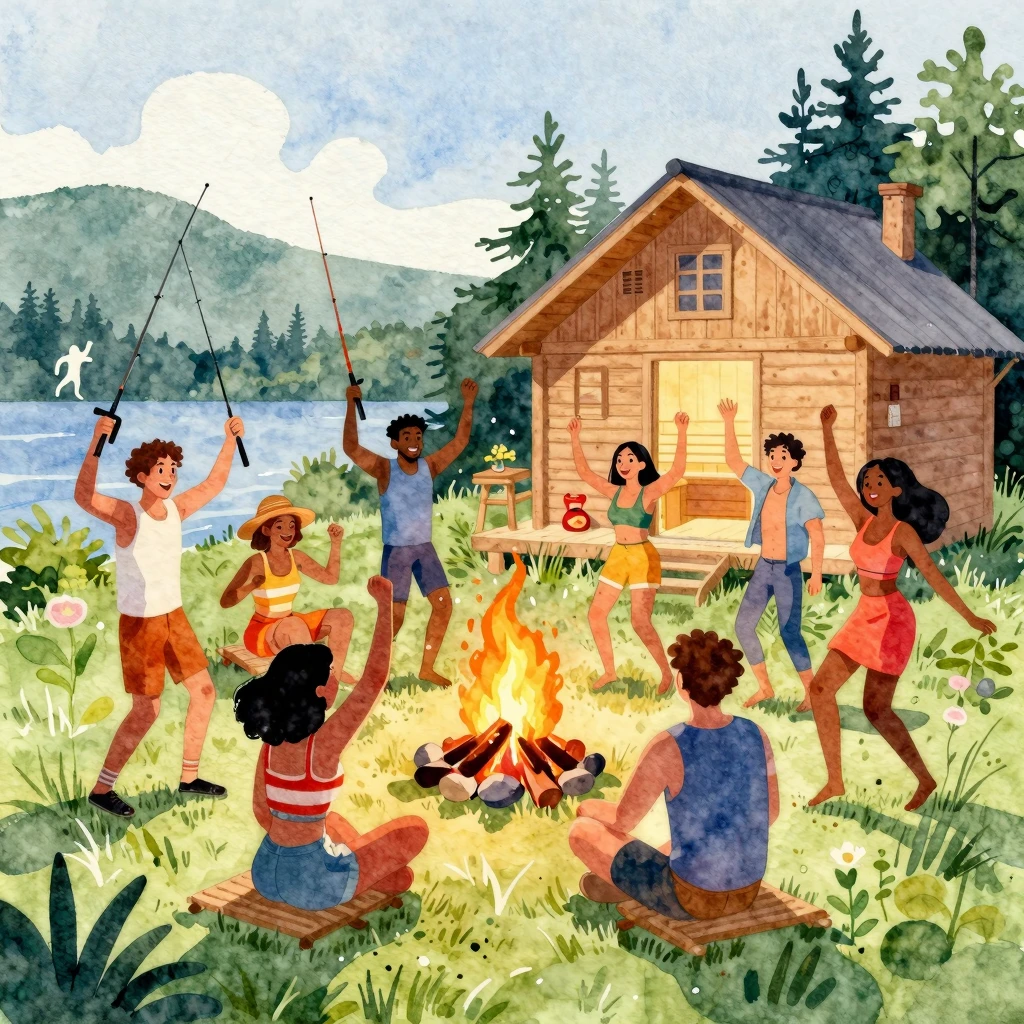 Vibrant watercolor style. Diverse group of friends celebrati...