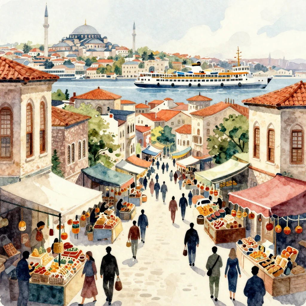 A vibrant watercolor illustration of a bustling, exotic mark...