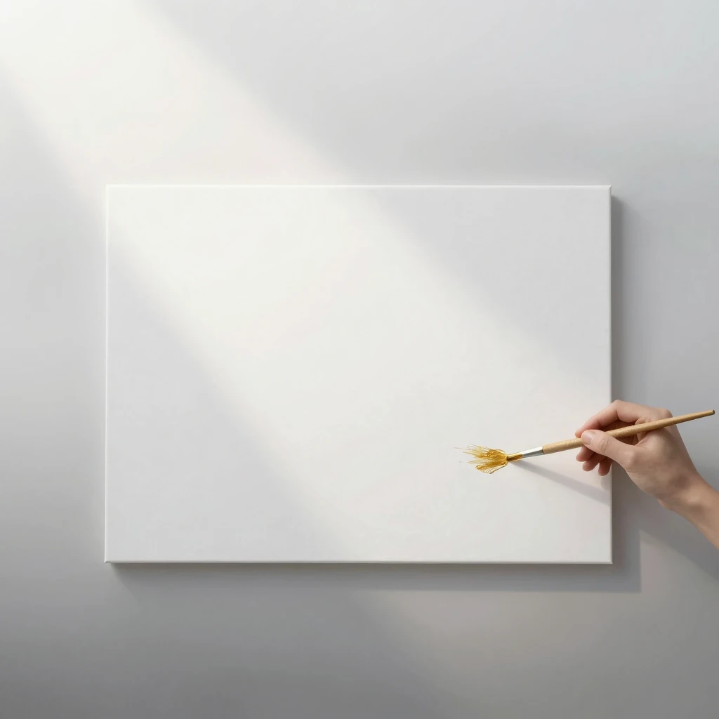 A minimalist, ethereal scene with a vast, glowing white canv...