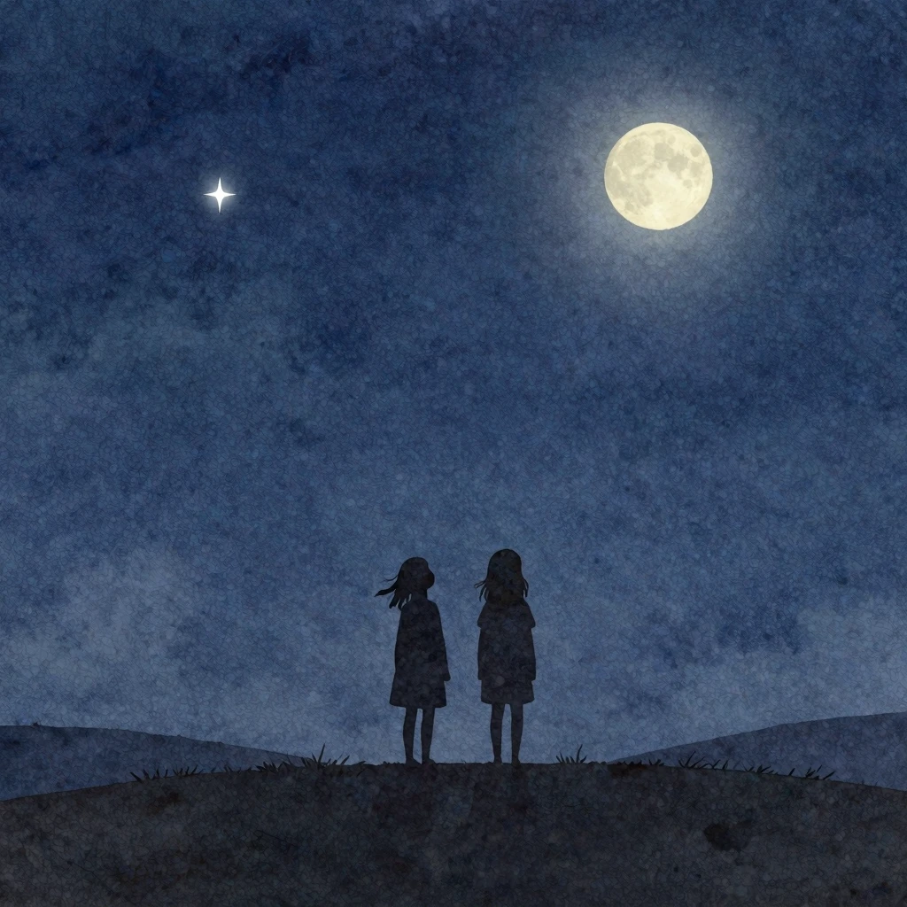 Watercolor style. A silhouette of two sisters standing on a ...