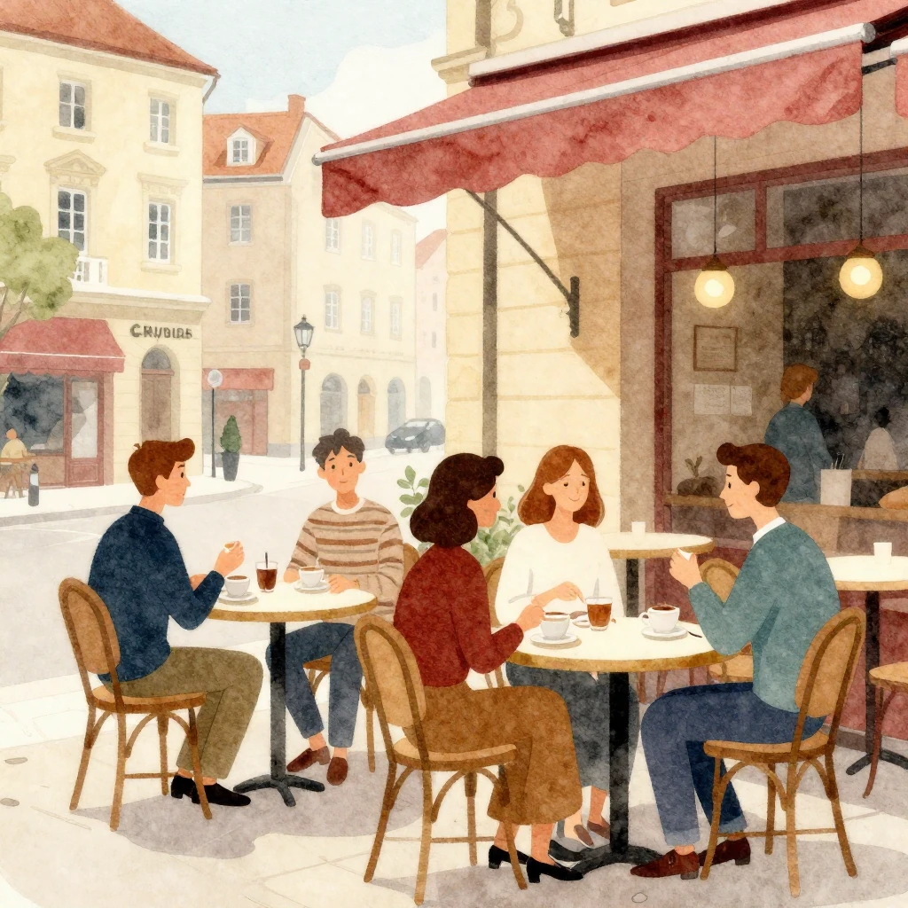 A charming European cafe scene with outdoor seating, stylize...