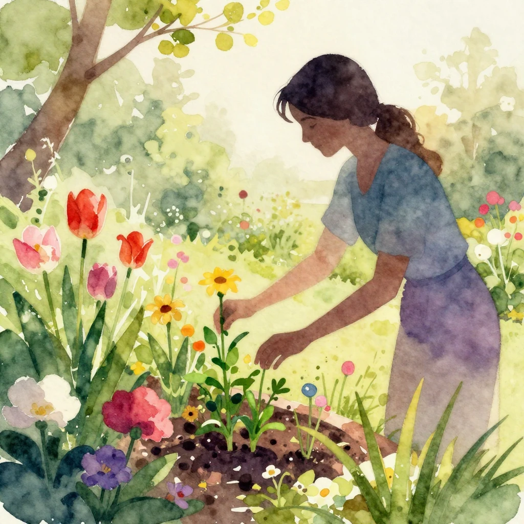 Vibrant watercolor painting of a silhouette of a woman tendi...