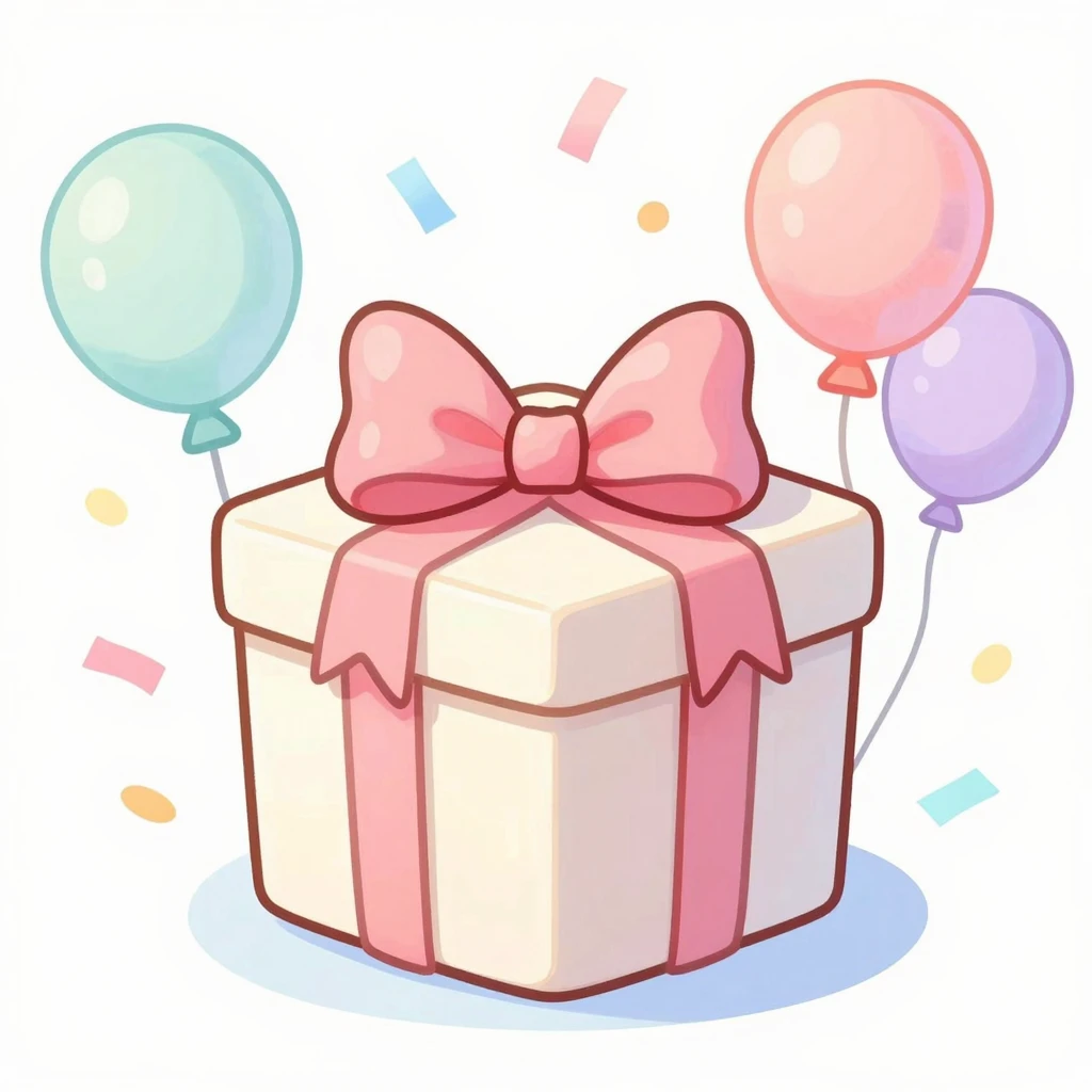 Watercolor style cute cartoon gift box with pink bow, surrou...
