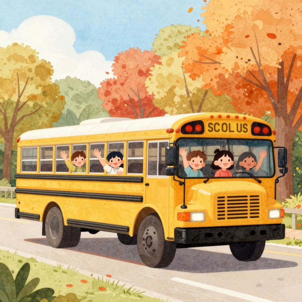 Watercolor illustration of a yellow school bus with happy ch...