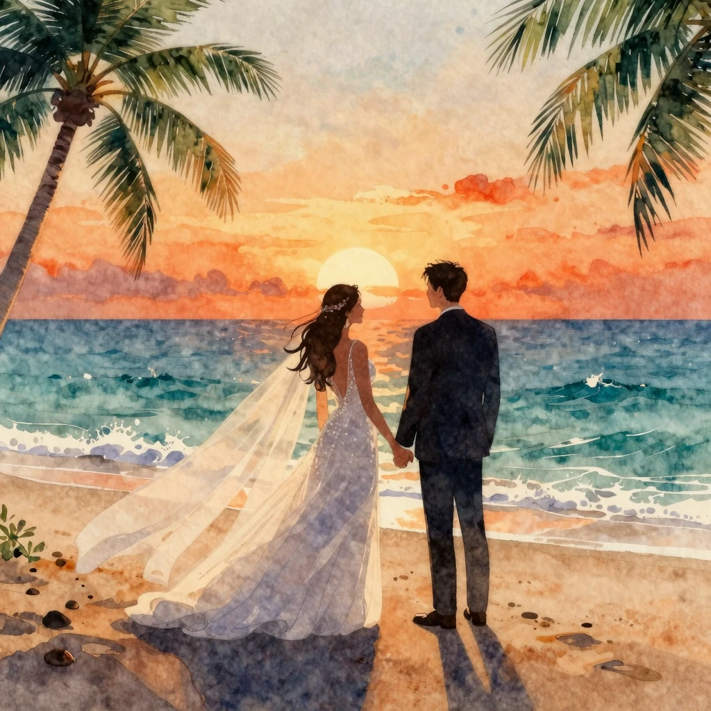 Watercolor style. A silhouette of a bride in a flowing white...