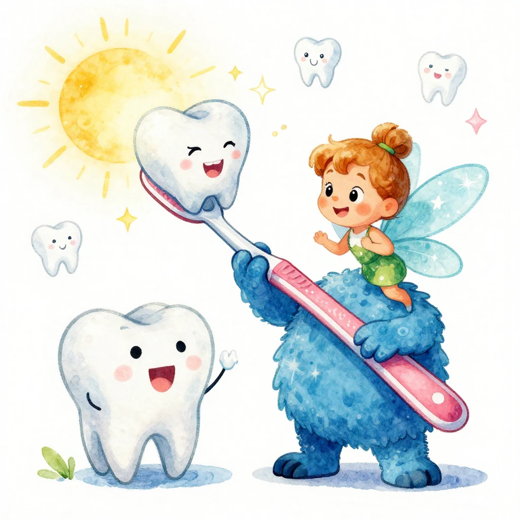 A vibrant watercolor illustration depicting a playful tooth ...