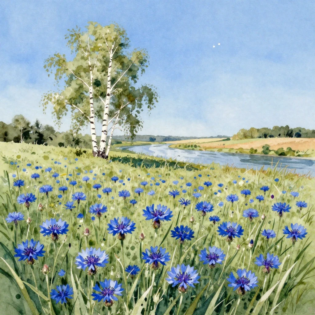 A vibrant watercolor painting focusing on a field of blue co...
