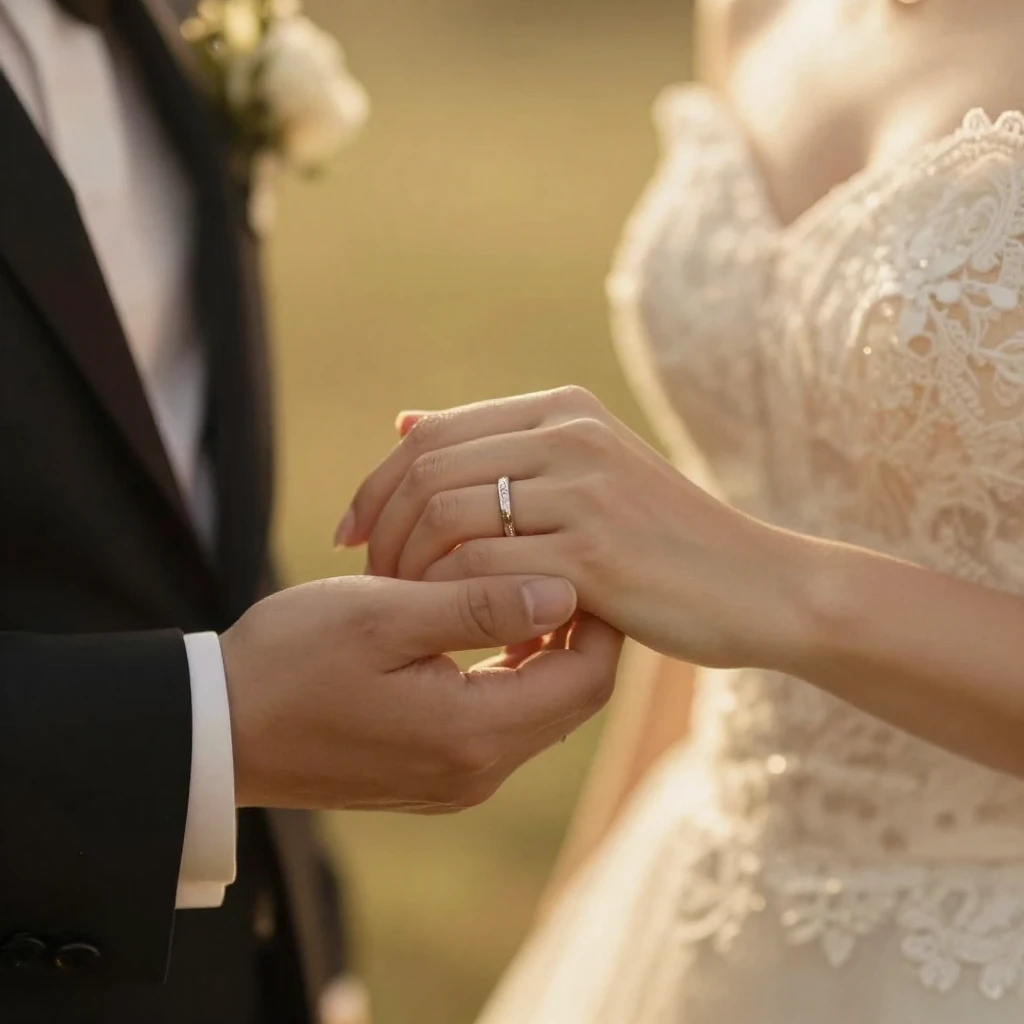 A close-up, artistic depiction of a newlywed couple's hands ...