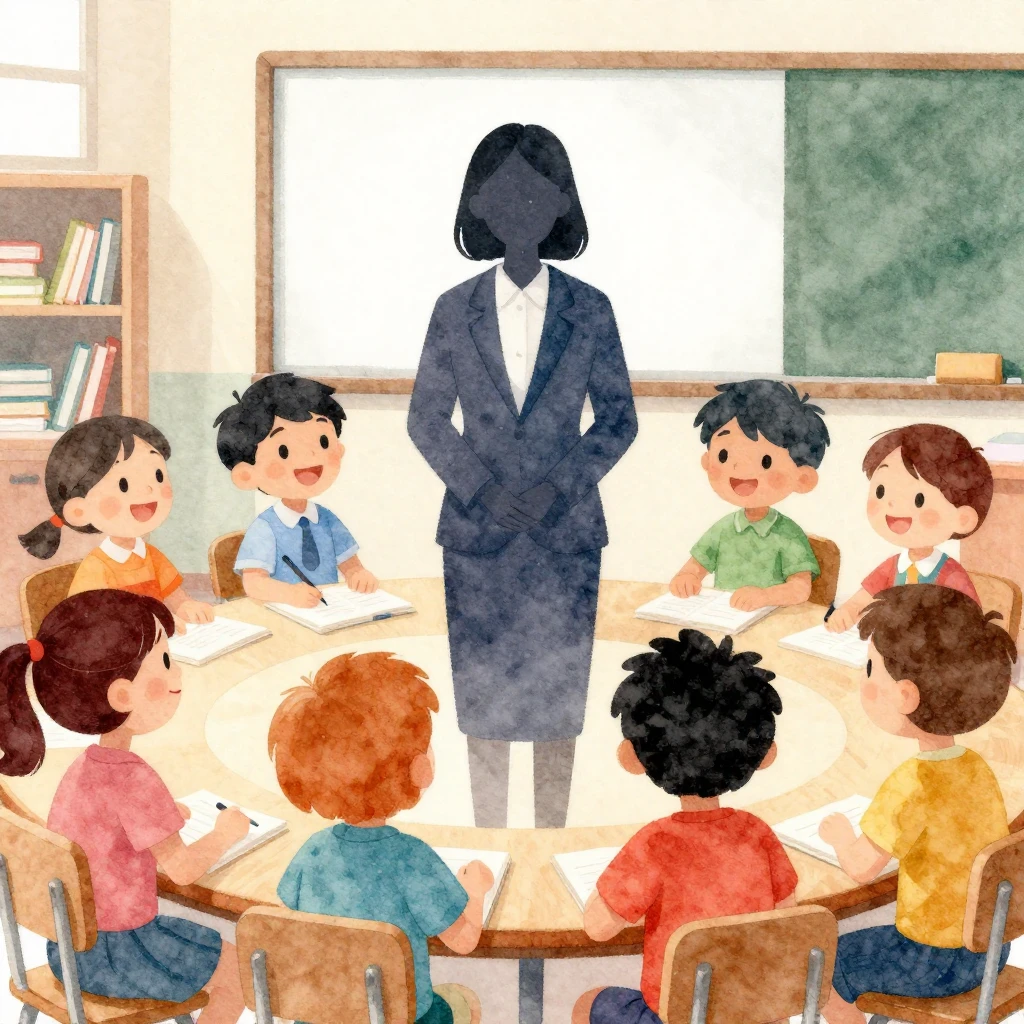 A kind teacher's silhouette, depicted in a vibrant watercolo...