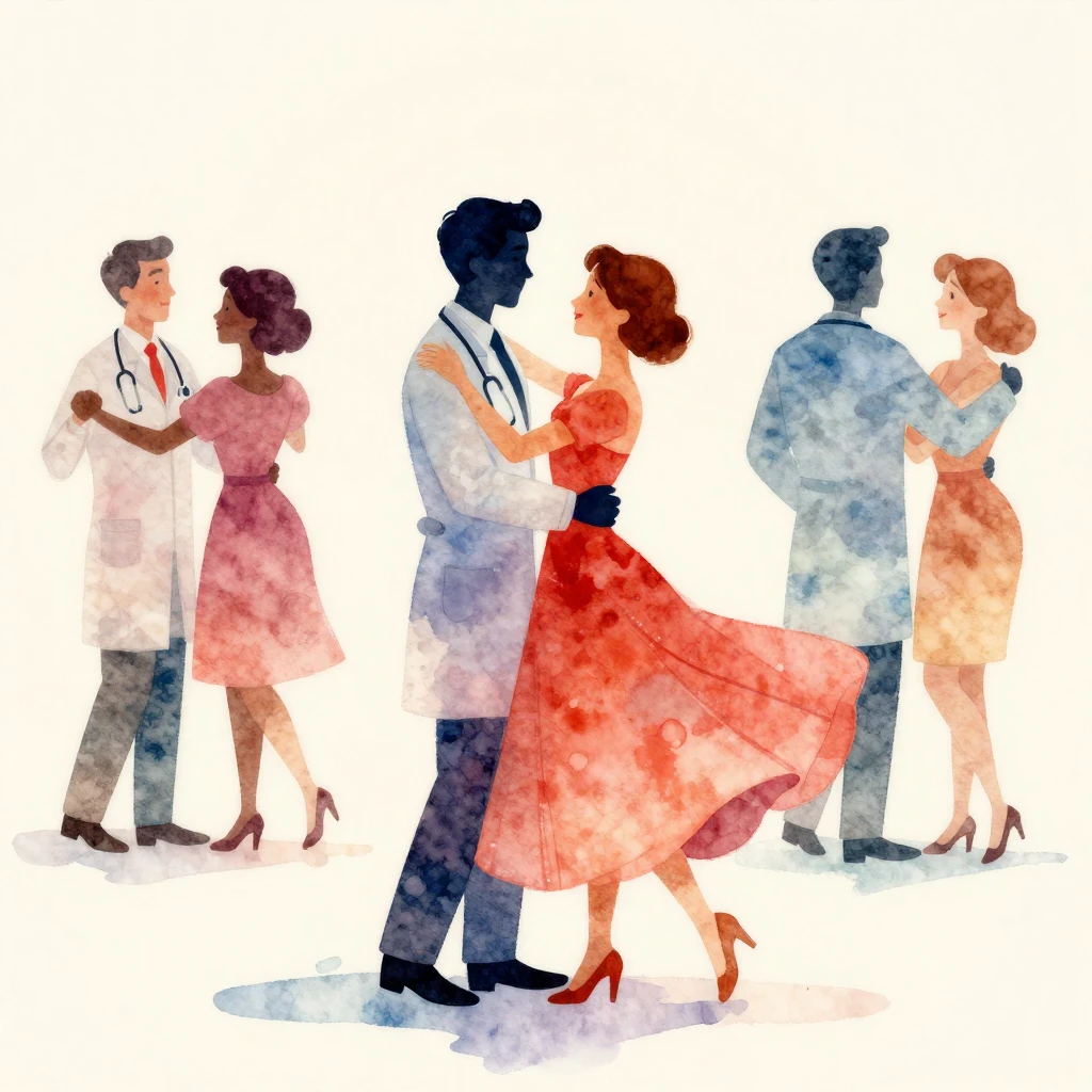 Vibrant watercolor illustration, vintage style. A group of d...