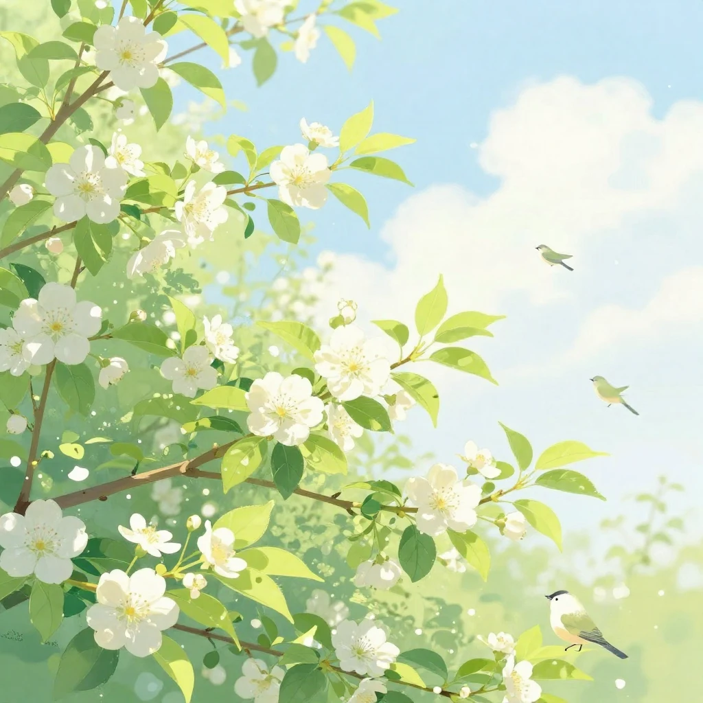 A vibrant illustration of spring flowers blooming under a br...