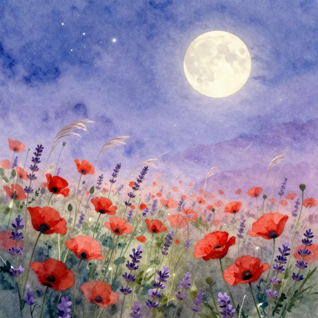 A soft and dreamy watercolor painting depicting a field of a...