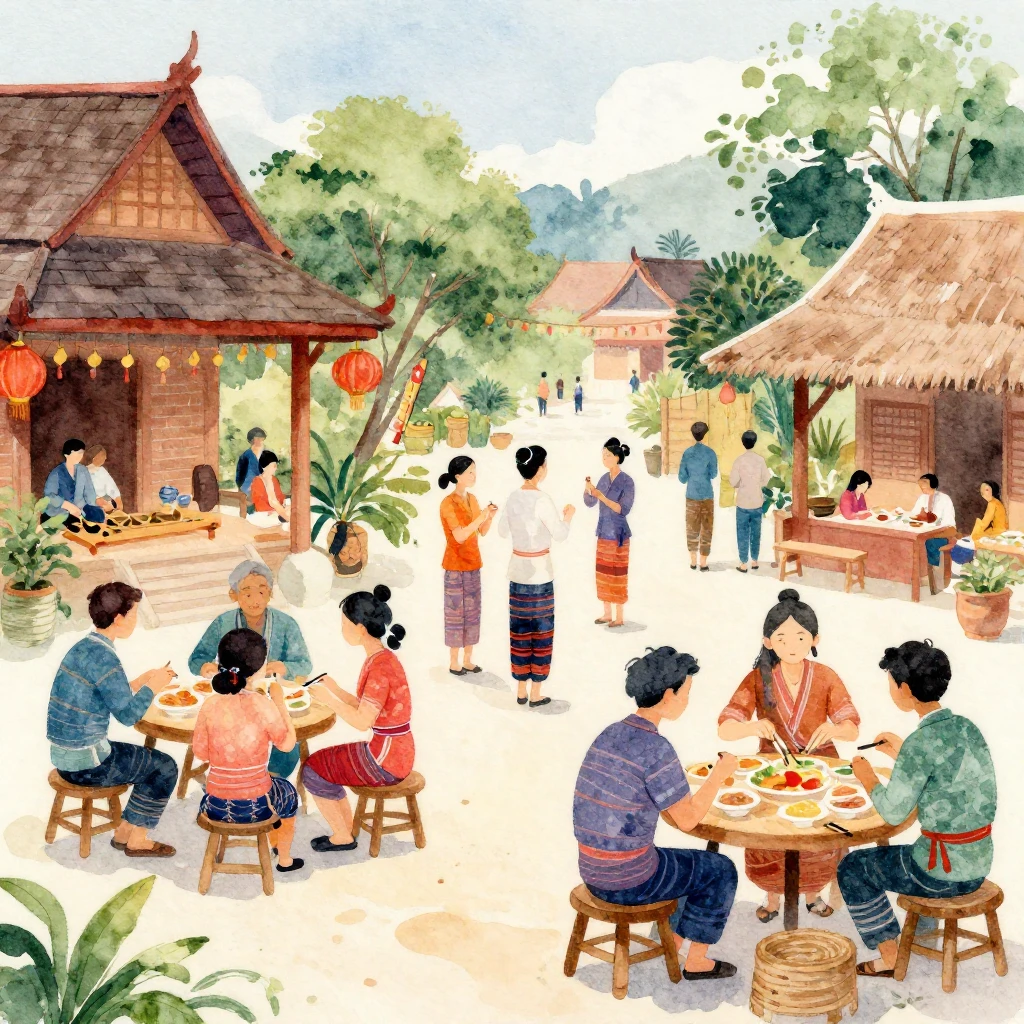 Vibrant watercolor illustration of a festive Lao village sce...