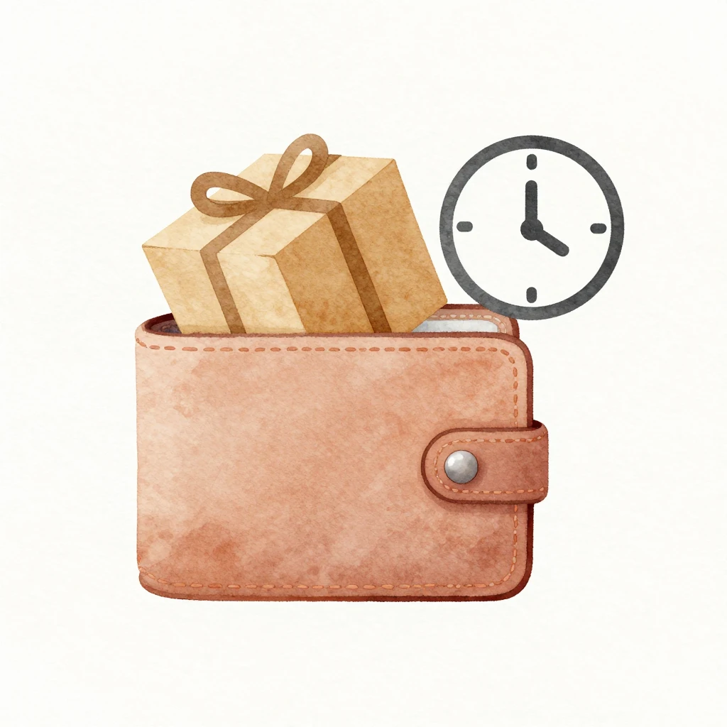 Watercolor style minimalist illustration of a wallet, a card...