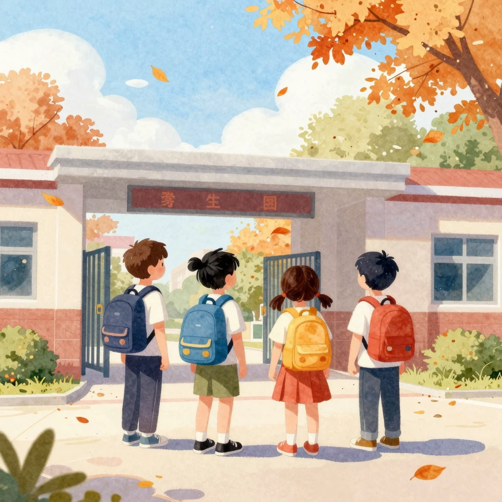 A colorful watercolor illustration of children with school b...