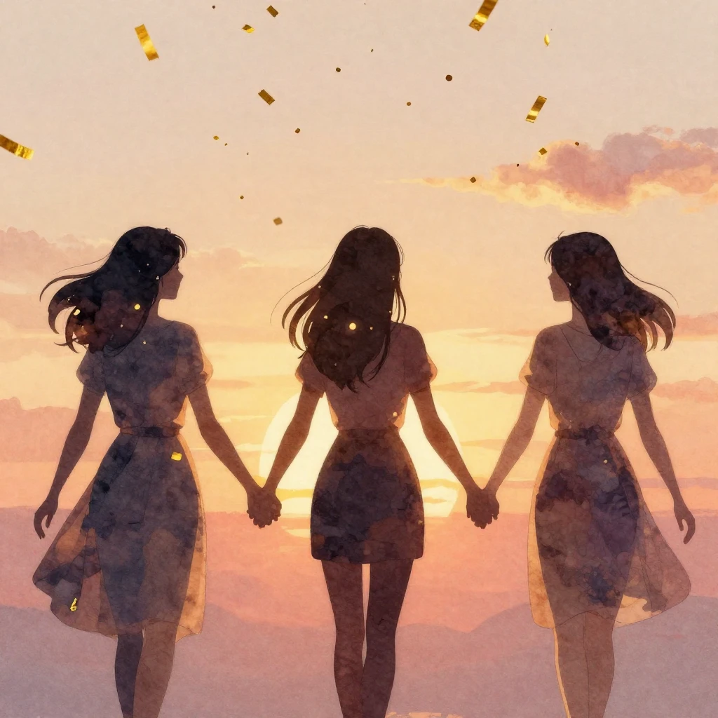 Three female silhouettes holding hands against a vibrant sun...