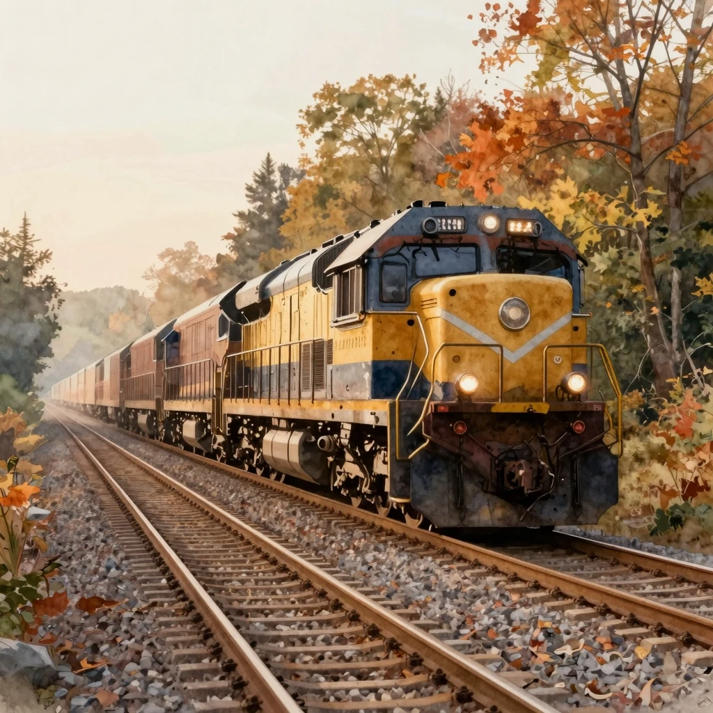 Watercolor painting of a powerful locomotive traveling on se...