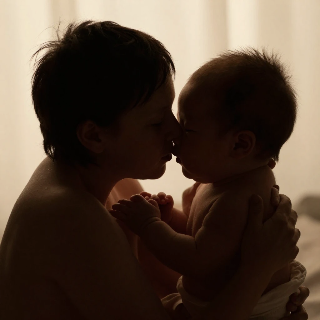 A close-up silhouette of a newborn baby being cradled gently...