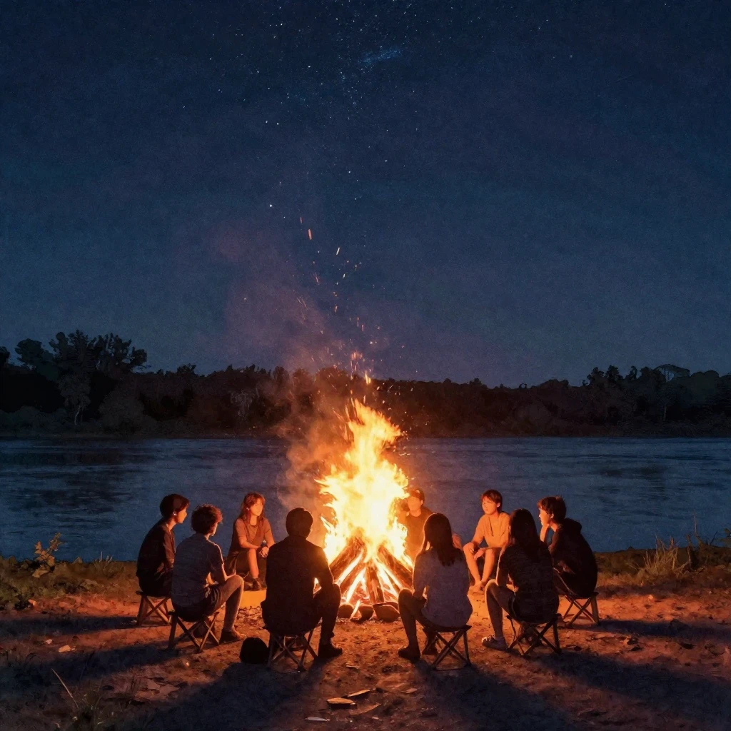 Silhouettes of people sitting around a large glowing bonfire...