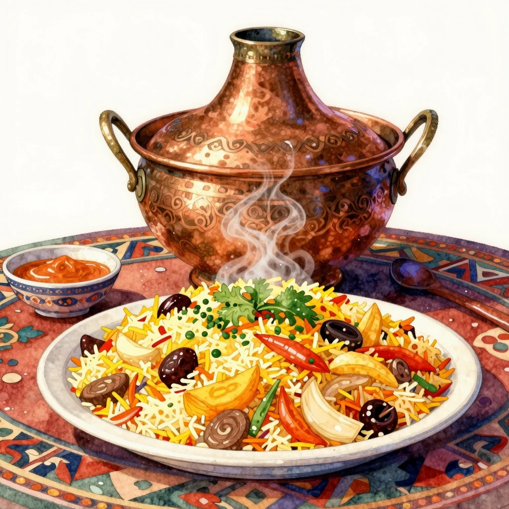 A vibrant watercolor illustration of a steaming plate of 'Os...
