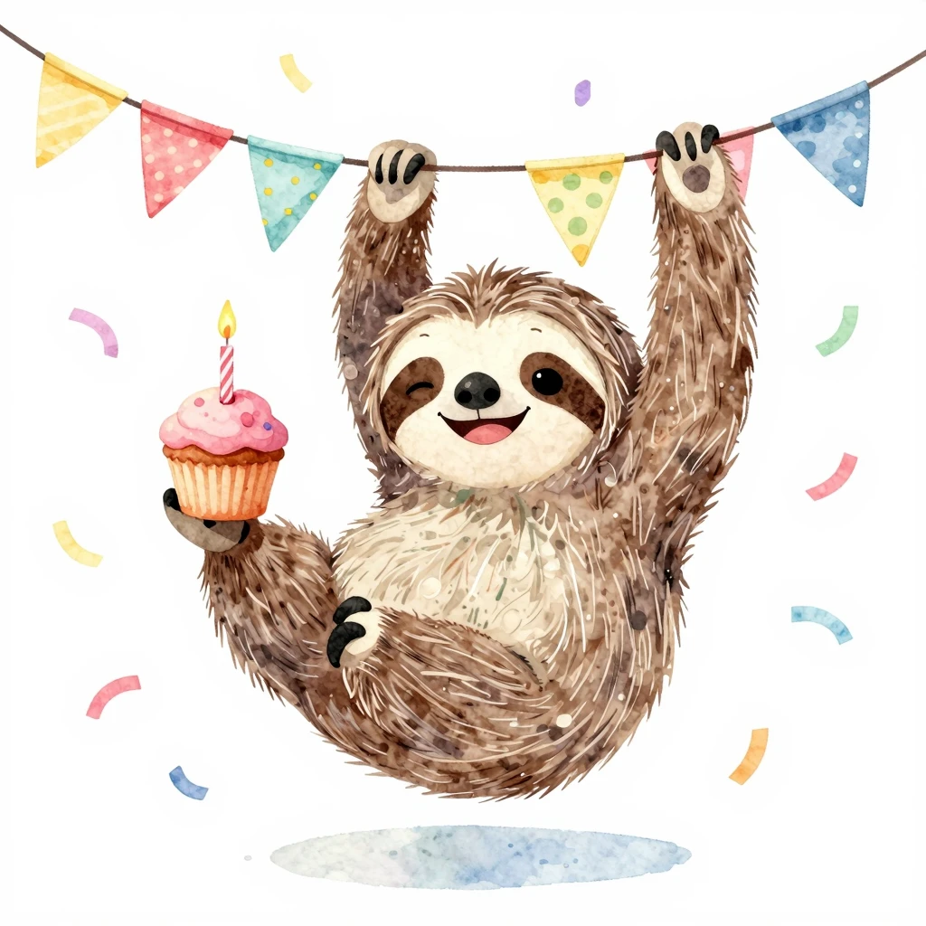 Watercolor style. A whimsical scene with a smiling sloth han...