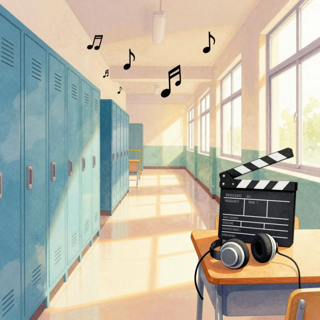 A colorful artistic illustration of a school hallway with lo...