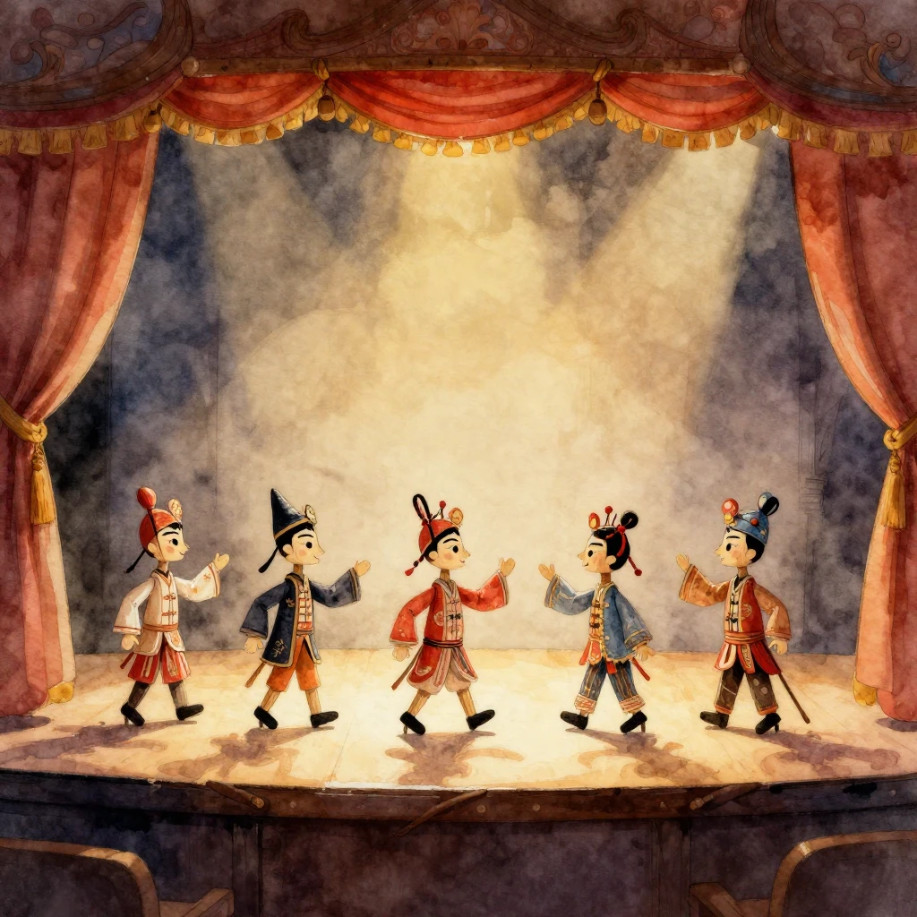 A whimsical watercolor illustration of a traditional puppet ...