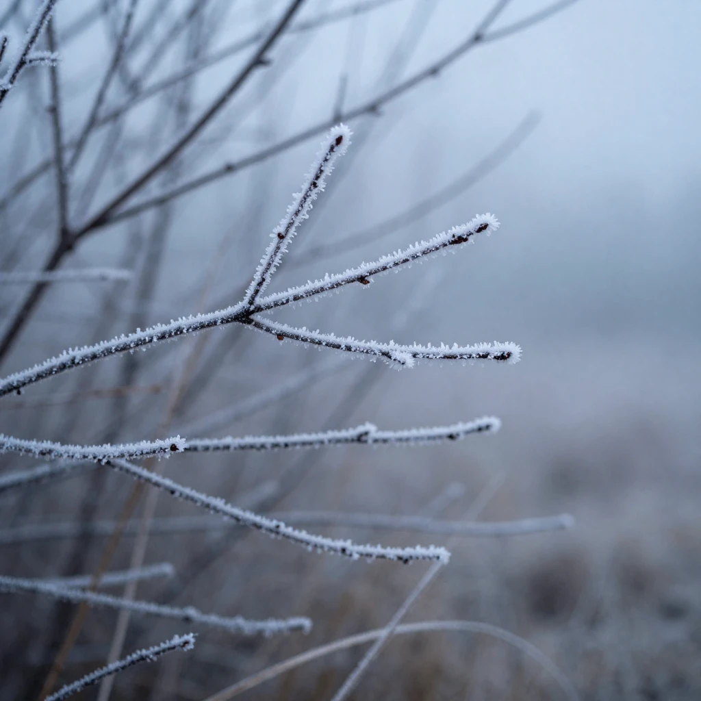 A close-up view of delicate frost crystals covering tree bra...