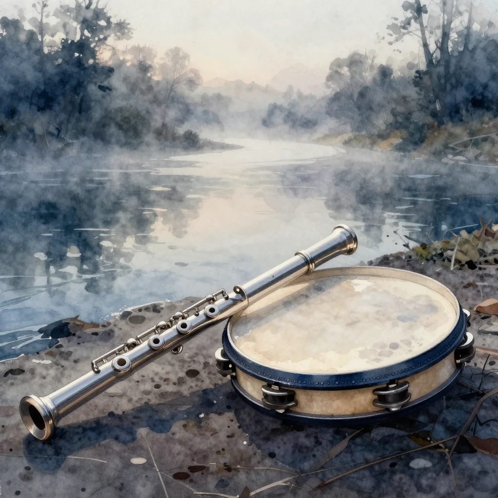 A flute and tambourine lying on a river shore in a mystical ...