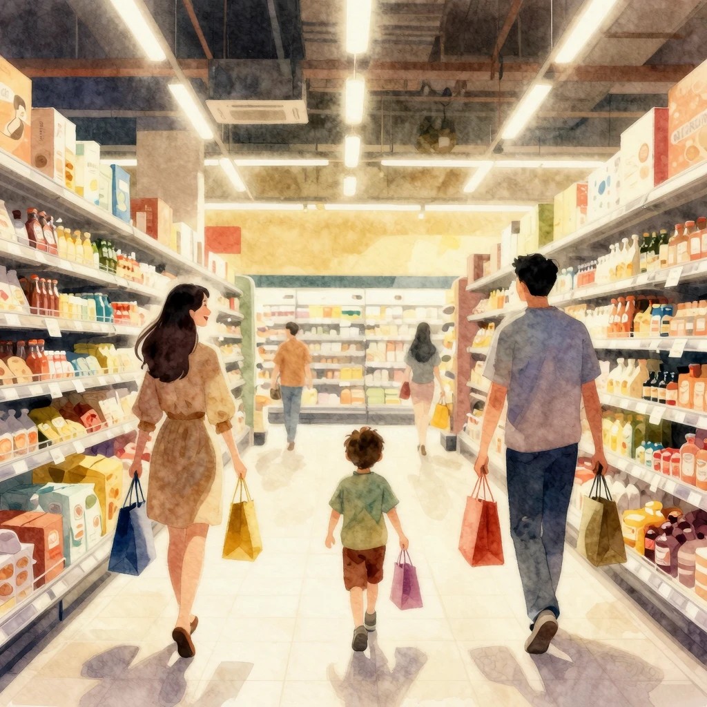 Watercolor painting of silhouettes of happy shoppers in a br...