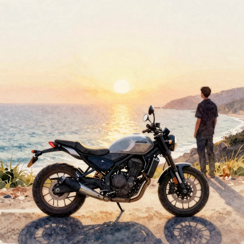 Watercolor painting of a modern motorcycle parked on a coast...