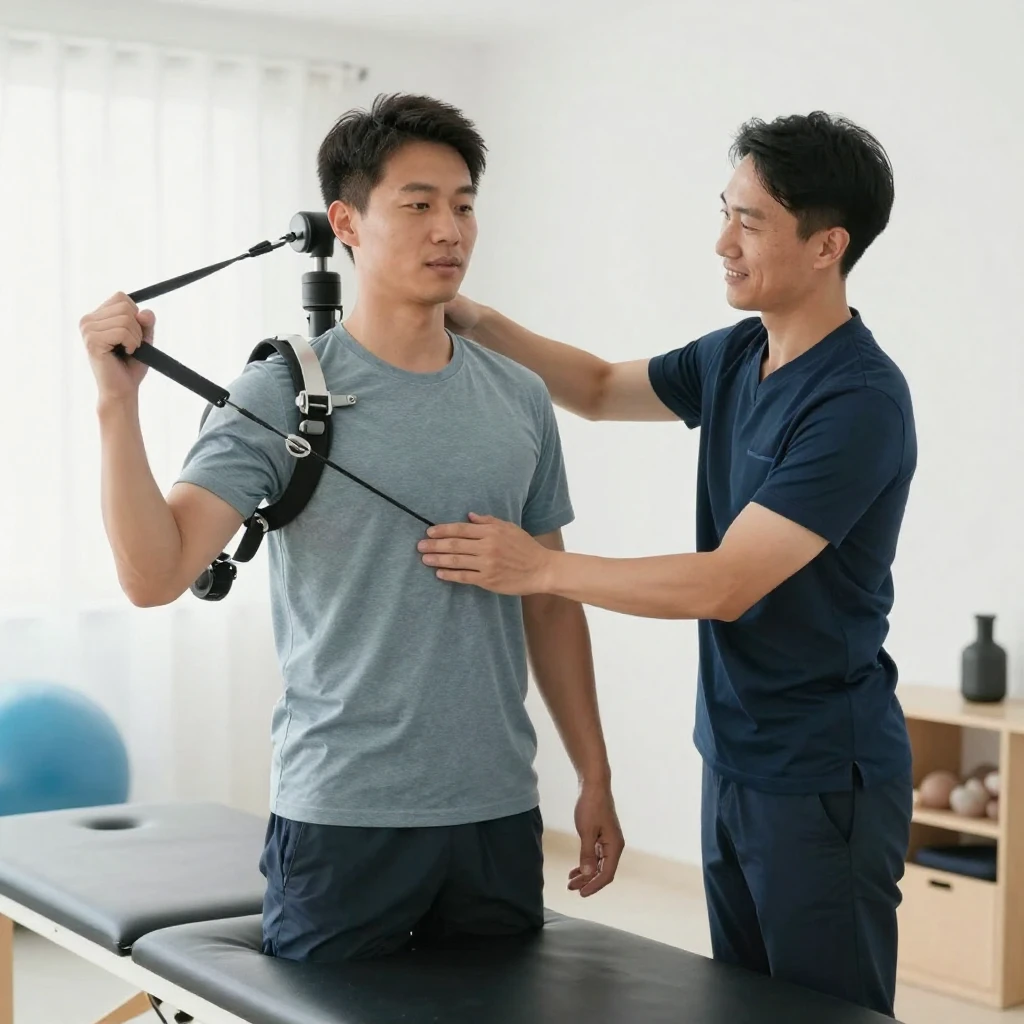 An artistic depiction of a physical therapy session. A speci...