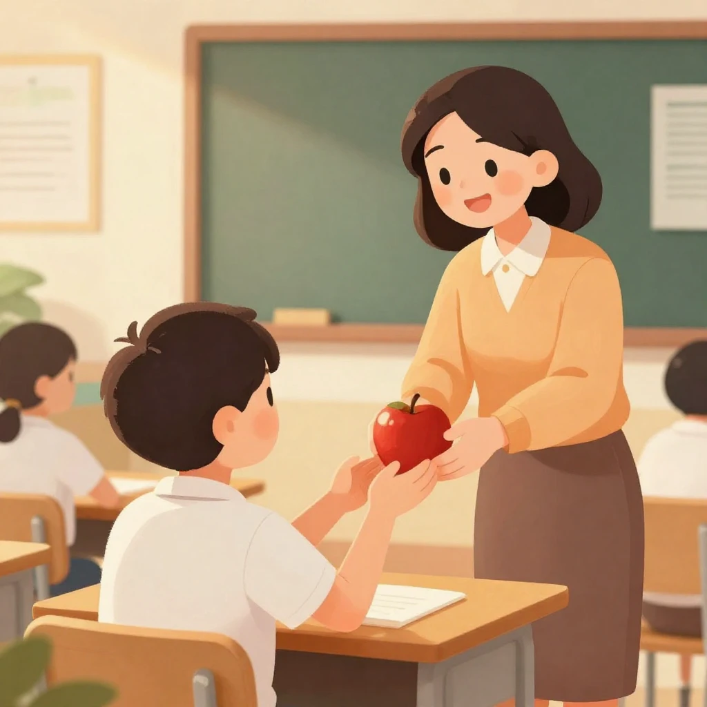 A warm, stylized illustration of a student giving an apple t...